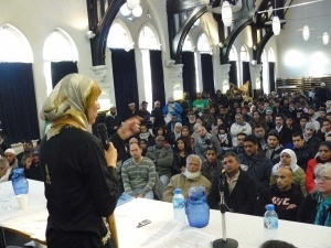 Salma Yaqoob addresses the crowds at the Gaza meeting in Birmingham